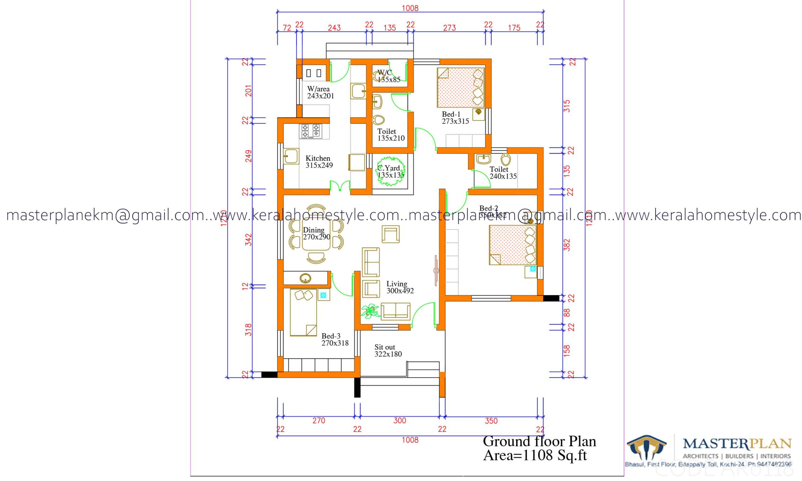 3 BHK Single  Story1100 Sq.Ft House Plan